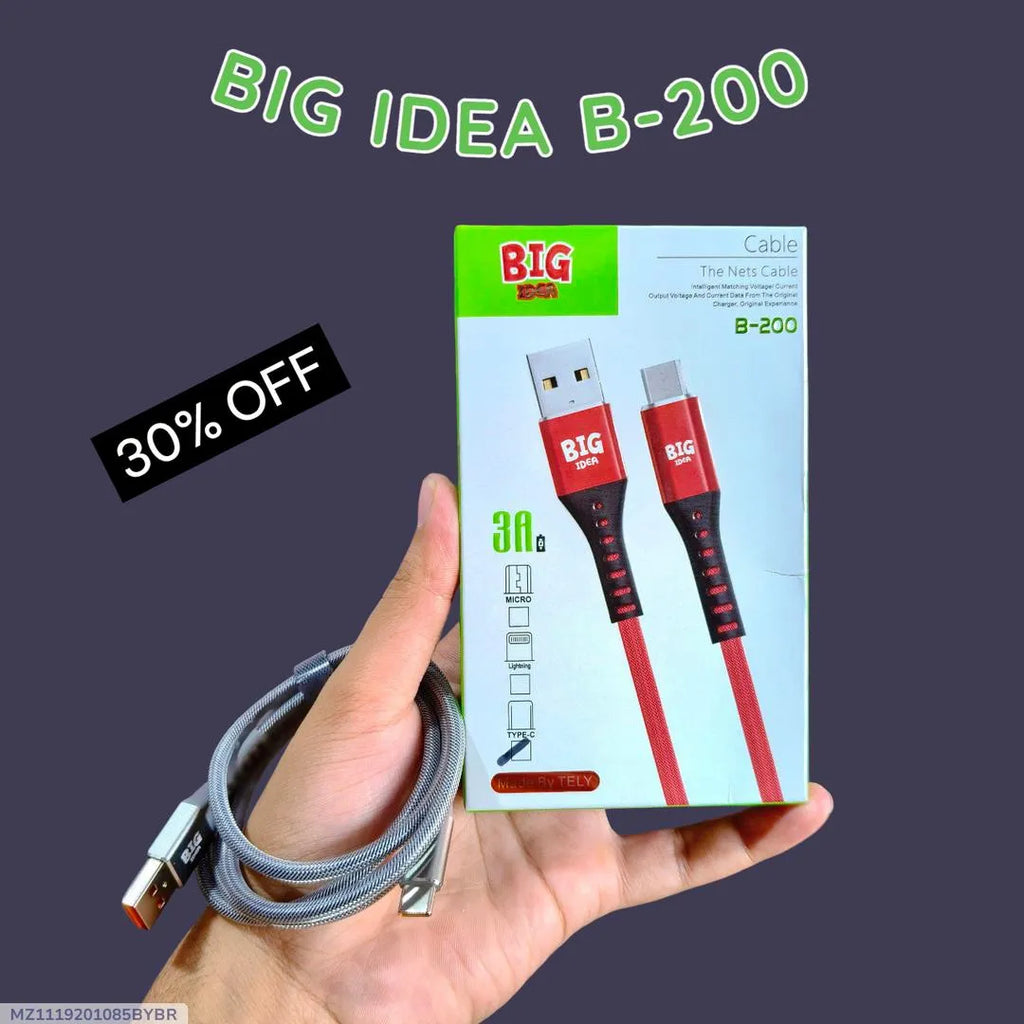 Big Idea B-200 3A Fast Charging Cable Red Black Braided