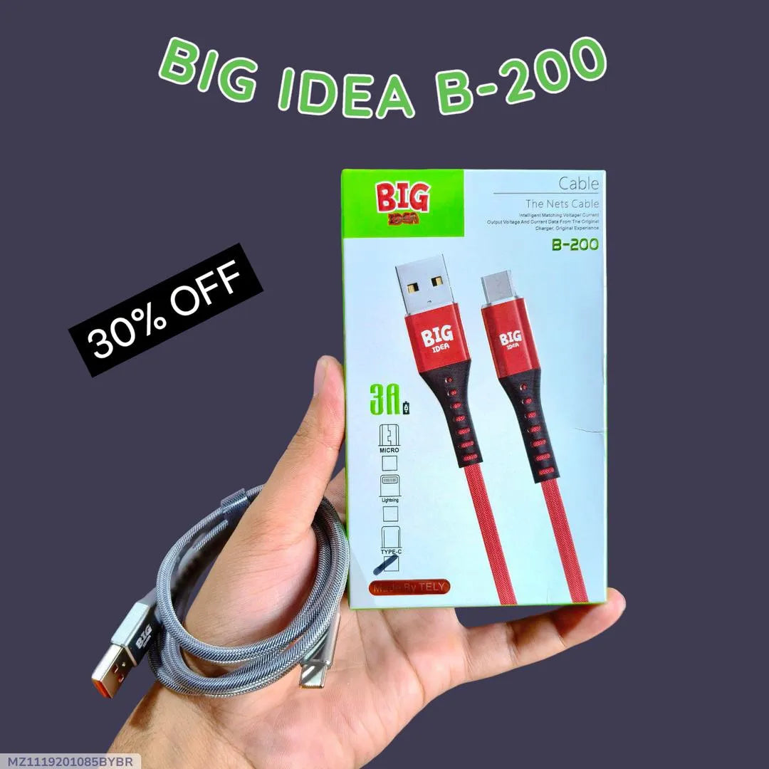 Big Idea B-200 3A Fast Charging Cable Red Black Braided