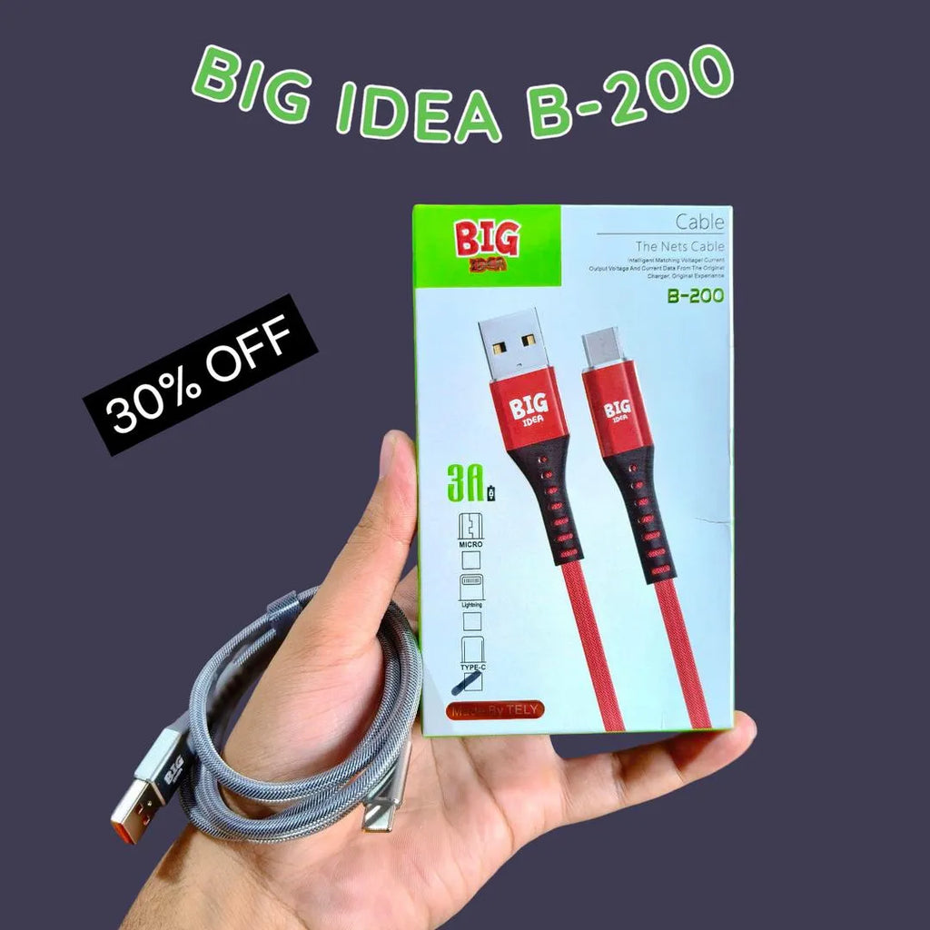 Big Idea B-200 3A Fast Charging Cable Red Black Braided