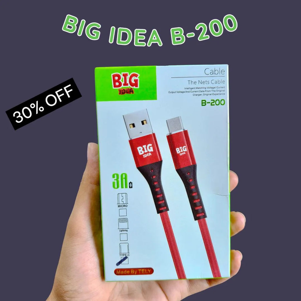 Big Idea B-200 3A Fast Charging Cable Red Black Braided