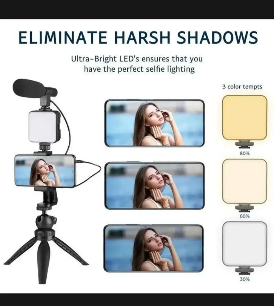 AY-49 Vlogger Kit with Mic Light Tripod Remote Black