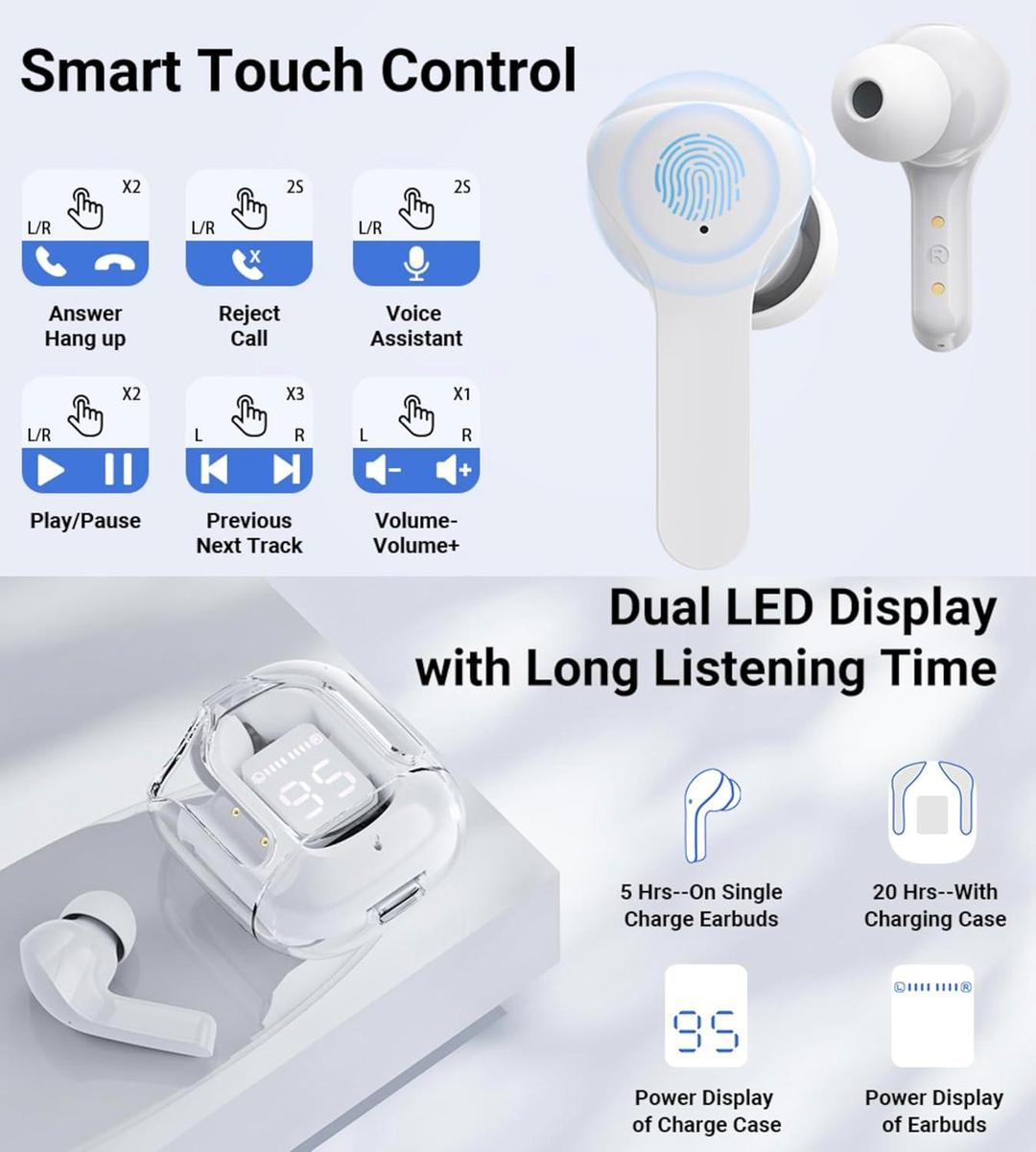 Stylish Grey Bluetooth Earbuds with Clear Case