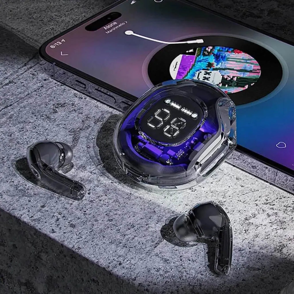 Transparent Digital Earbuds with AI Noise Cancellation & Fast Charge