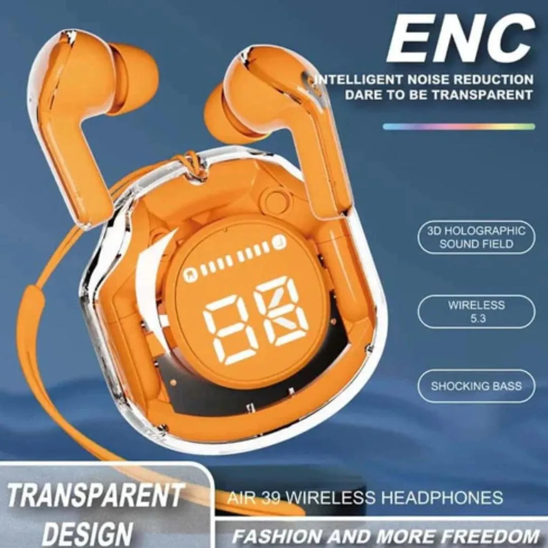 Transparent Digital Earbuds with AI Noise Cancellation & Fast Charge