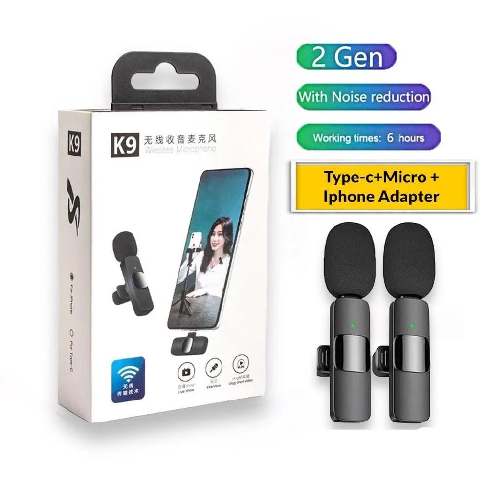 K9 Wireless Microphone for Vloggers with Noise Reduction & Type-C Adapter