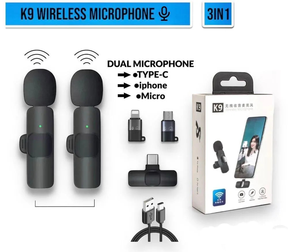 K9 Wireless Microphone for Vloggers with Noise Reduction & Type-C Adapter