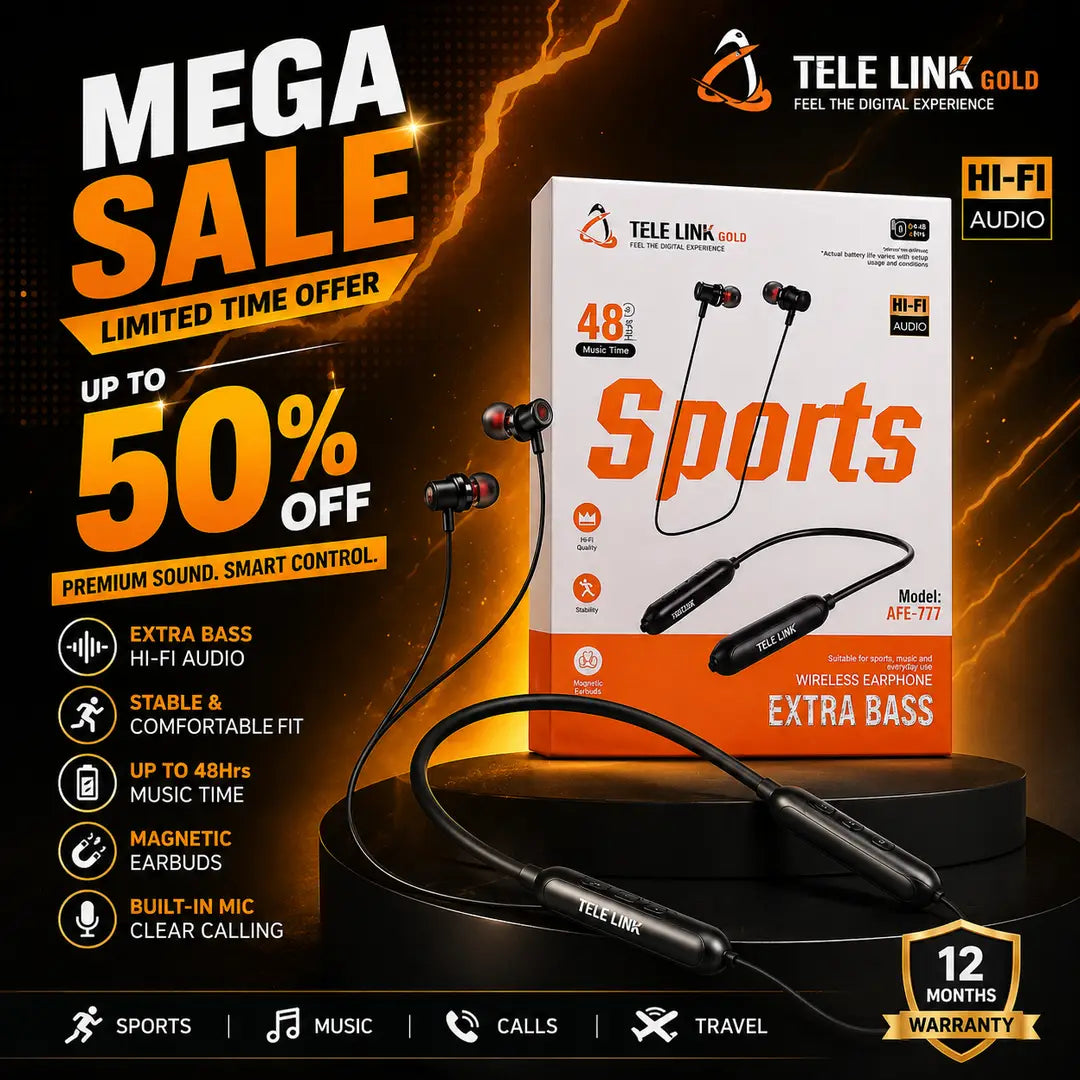 Tele Link Gold Sports Wireless Neckband Earphones AFE-777 | Extra Bass Bluetooth Earphones | 48 Hours Music Time