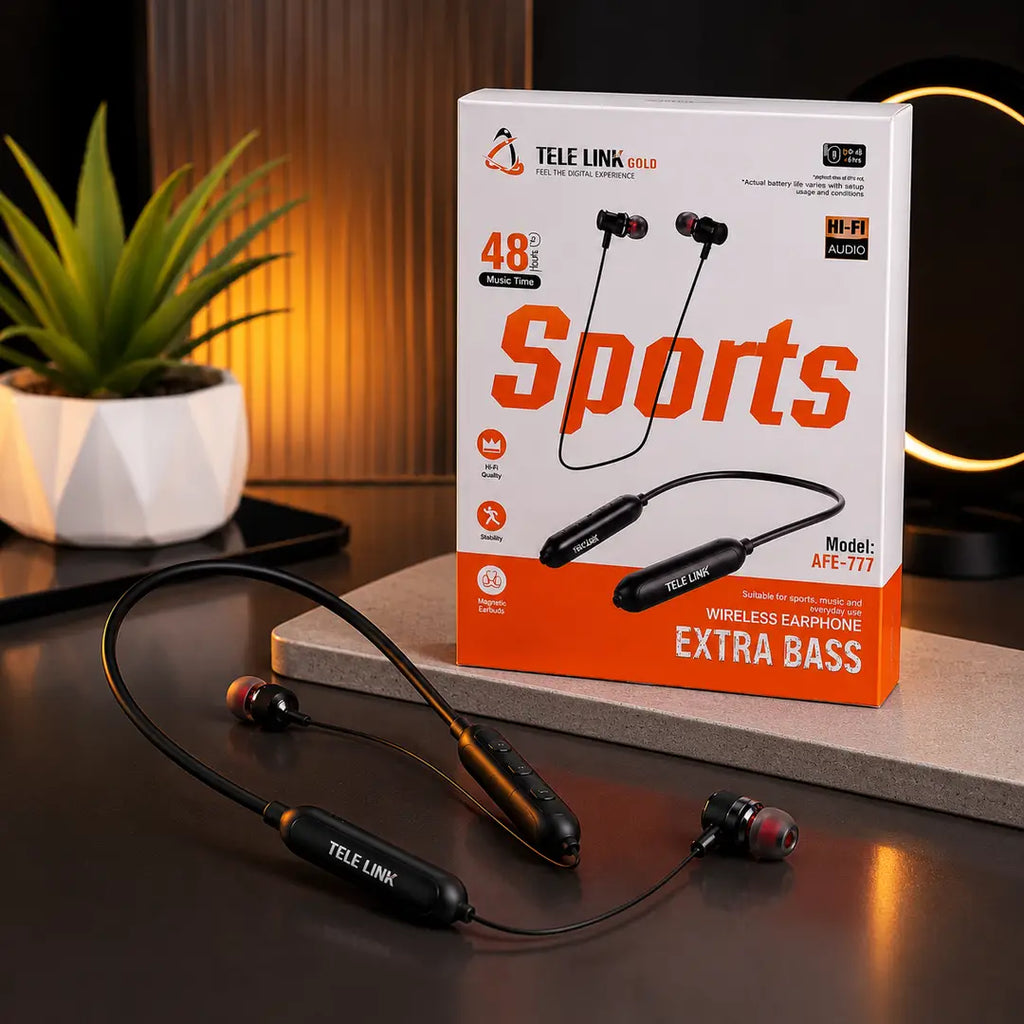 Tele Link Gold Sports Wireless Neckband Earphones AFE-777 | Extra Bass Bluetooth Earphones | 48 Hours Music Time