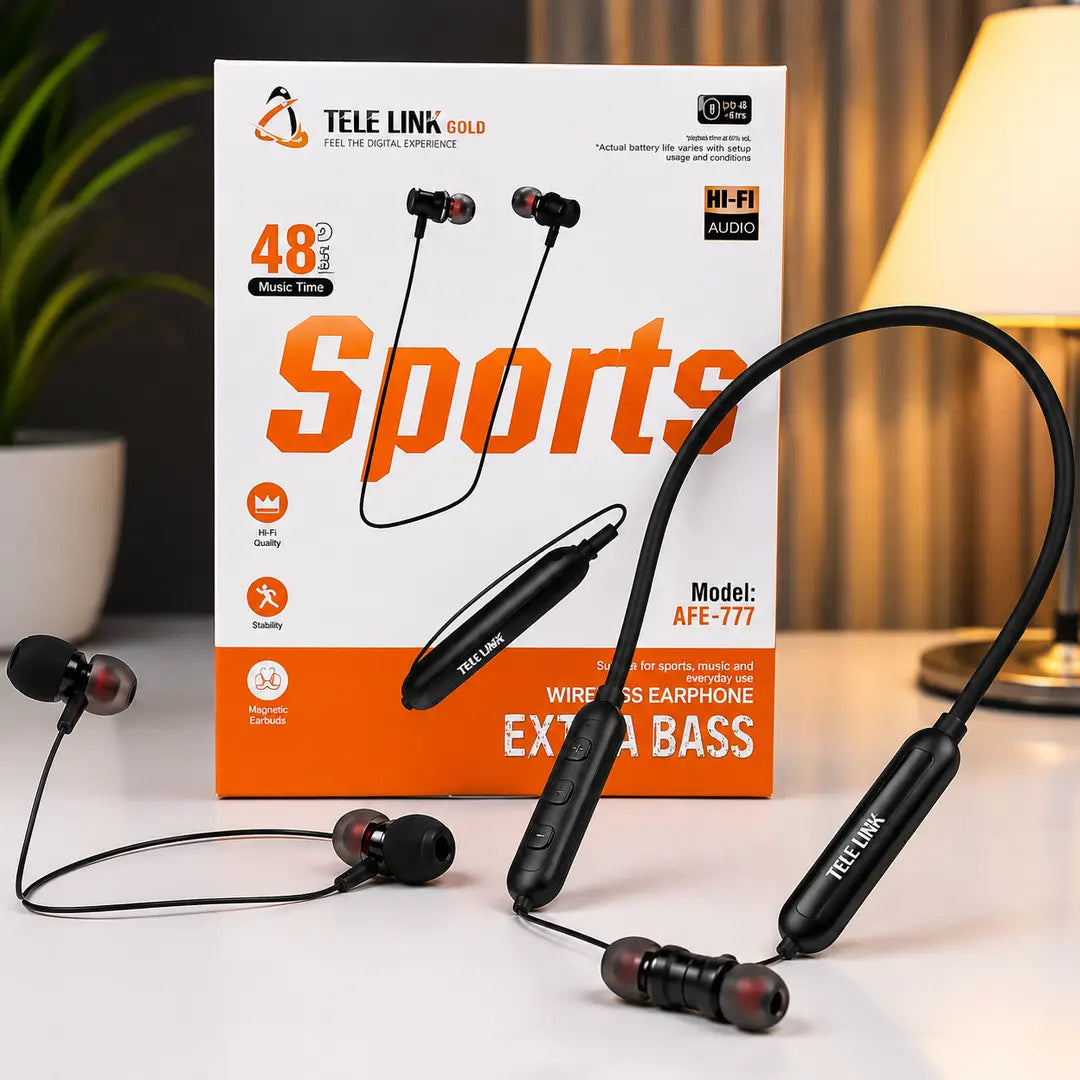 Tele Link Gold Sports Wireless Neckband Earphones AFE-777 | Extra Bass Bluetooth Earphones | 48 Hours Music Time