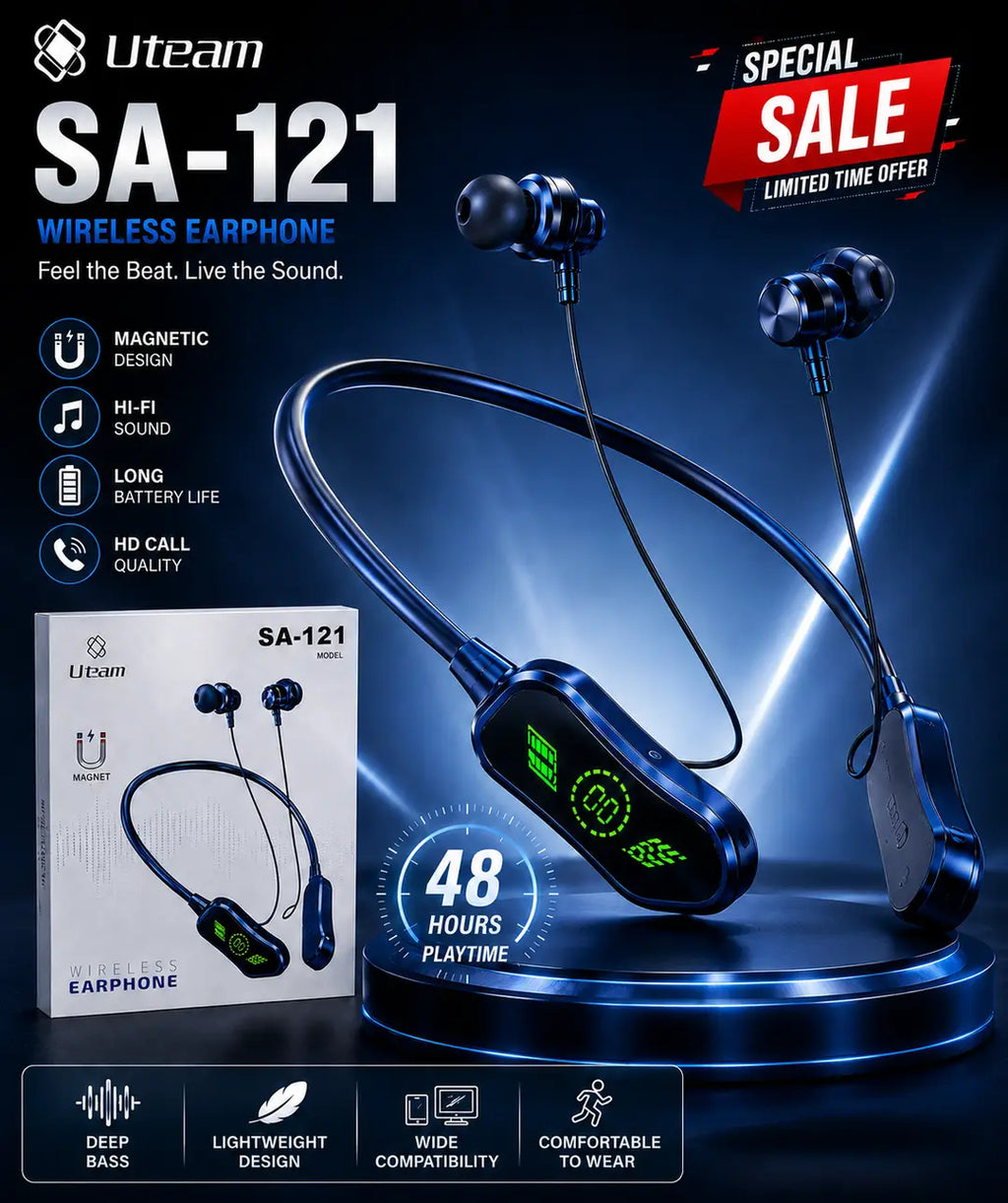 Uteam SA-121 Wireless Neckband Earphones – Bluetooth Magnetic Earbuds with 48 Hours Battery & Hi-Fi Sound