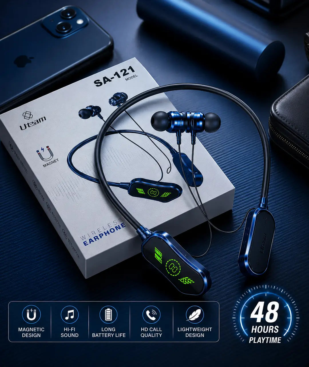 Uteam SA-121 Wireless Neckband Earphones – Bluetooth Magnetic Earbuds with 48 Hours Battery & Hi-Fi Sound