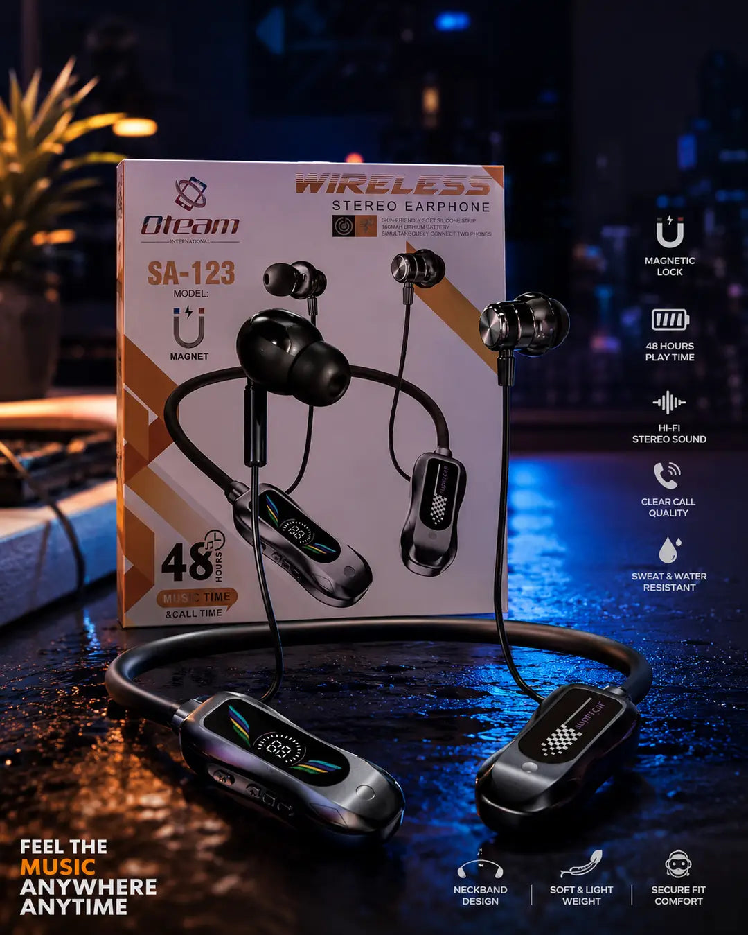 Oteam SA-123 Wireless Stereo Neckband Earphones | Bluetooth Magnetic Earbuds | 48 Hours Battery Backup