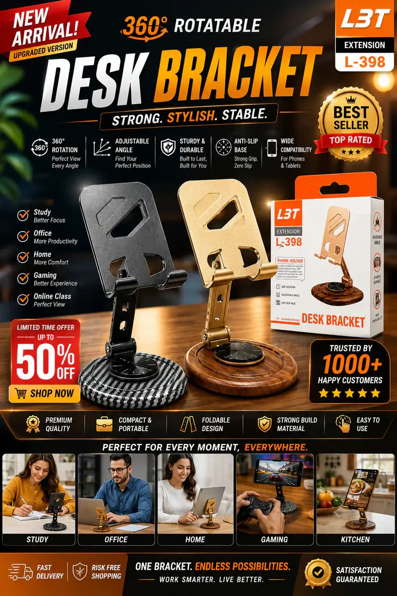 L3T L-398 Adjustable Metal Desk Phone Holder Stand | Foldable Mobile Stand for Desk & Table