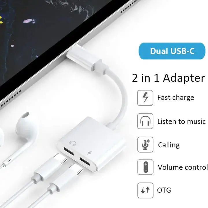 USB Type C to 3.5mm Audio Adapter With Charging Port 2 in 1 Dual Port Aux Headphone Jack Connector For Type-C Models | Earphone Converter Aux Audio Sound Cable With Type-C Charging Jack Headset Splitter Music Converter - High Quality