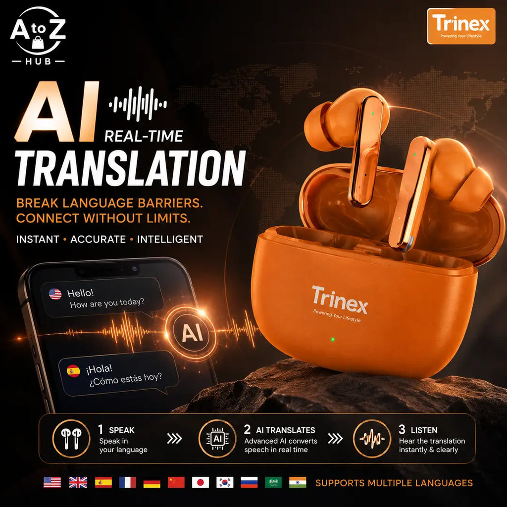 Trinex PowerPods Max Wireless Earbuds With Bluetooth 5.3, AI Real-Time Translation, 38ms Low Latency Game Mode, 13mm Titanium Drivers, ENC Call Clarity And Up To 35H Playtime. Perfect For Gaming, Music, Calls And Everyday Use.