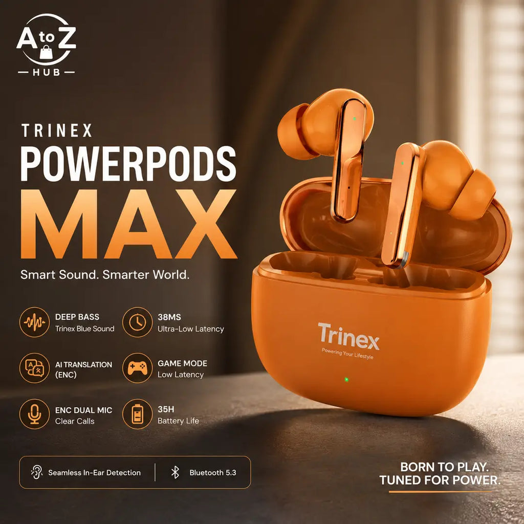 Trinex PowerPods Max Wireless Earbuds With Bluetooth 5.3, AI Real-Time Translation, 38ms Low Latency Game Mode, 13mm Titanium Drivers, ENC Call Clarity And Up To 35H Playtime. Perfect For Gaming, Music, Calls And Everyday Use.