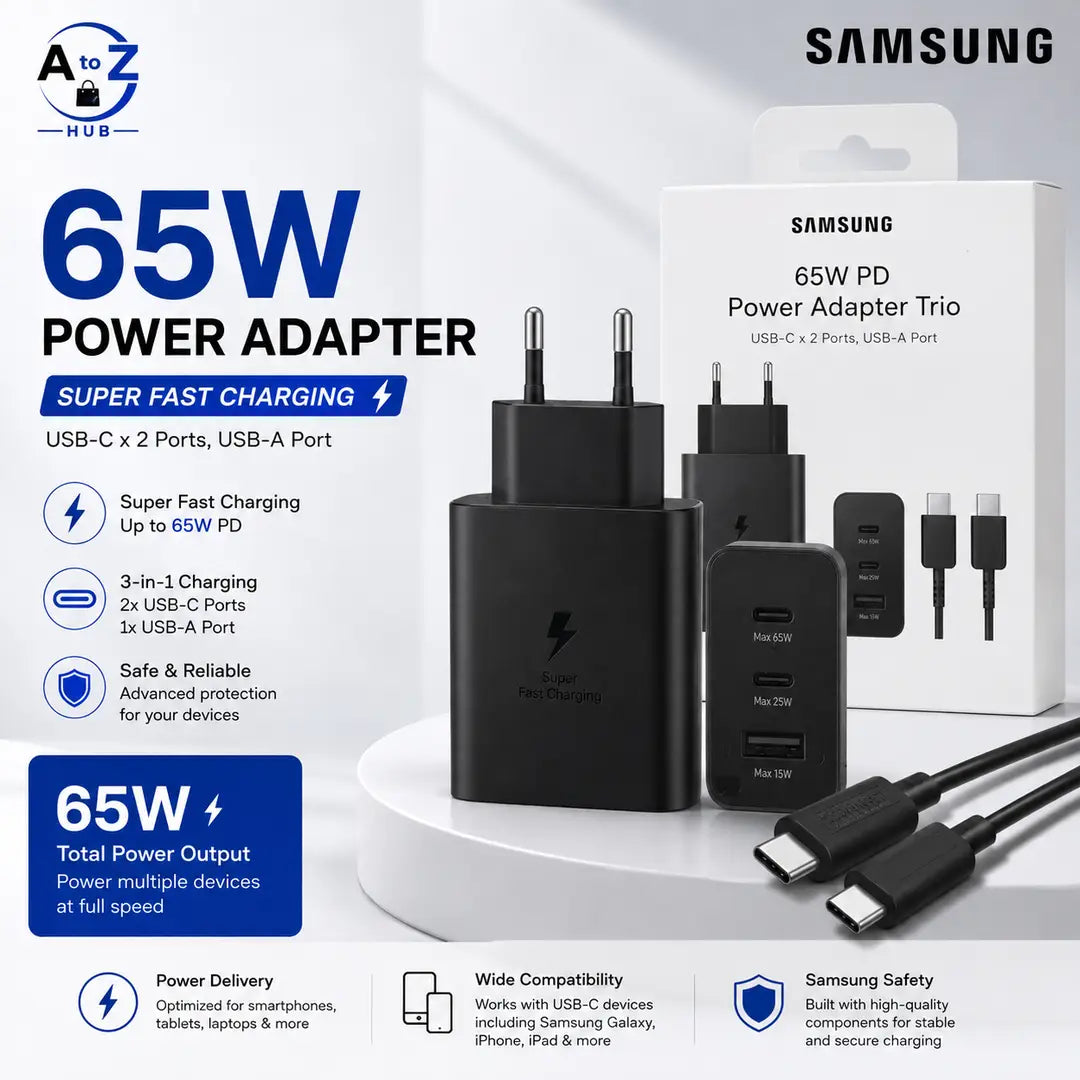 Samsung Original 65W PD Power Adapter Trio - 3-in-1 Fast Charging Adapter with 2 USB-C & 1 USB-A Port