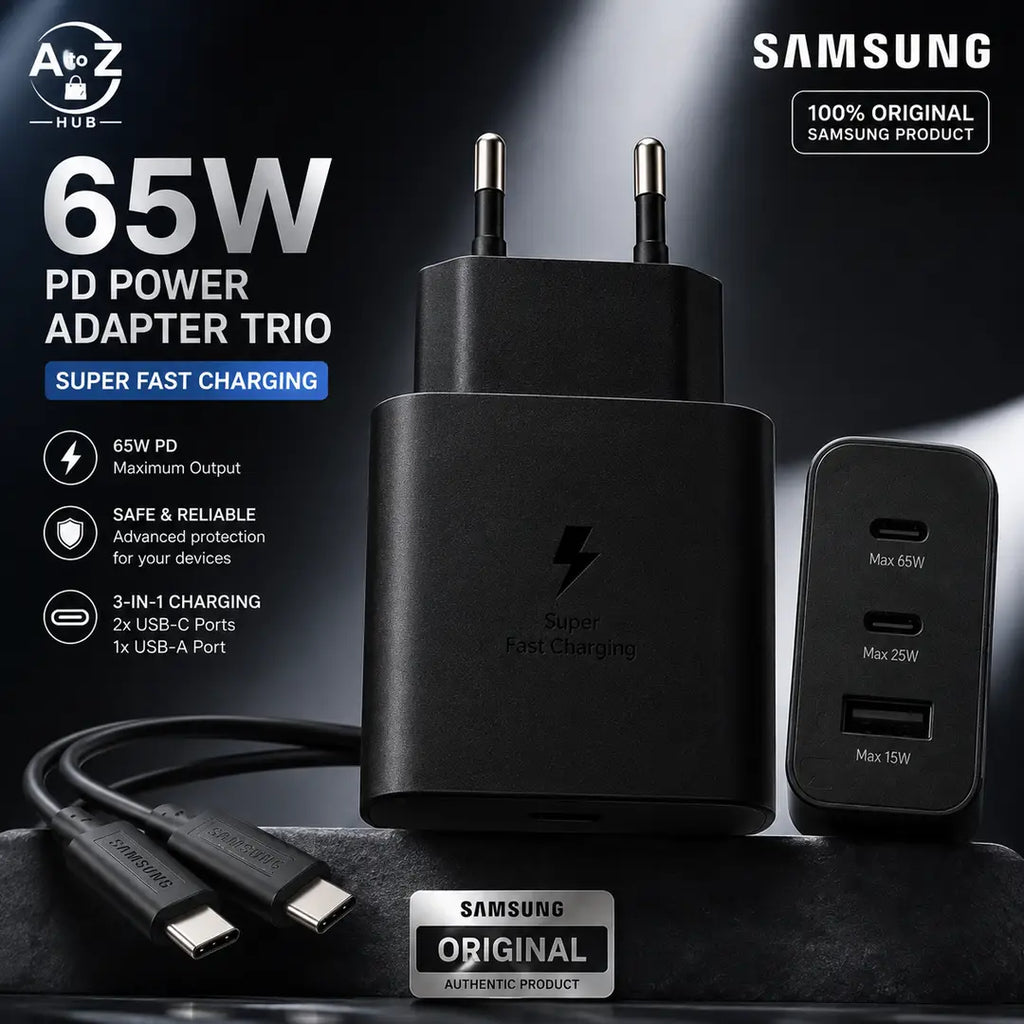 Samsung Original 65W PD Power Adapter Trio - 3-in-1 Fast Charging Adapter with 2 USB-C & 1 USB-A Port
