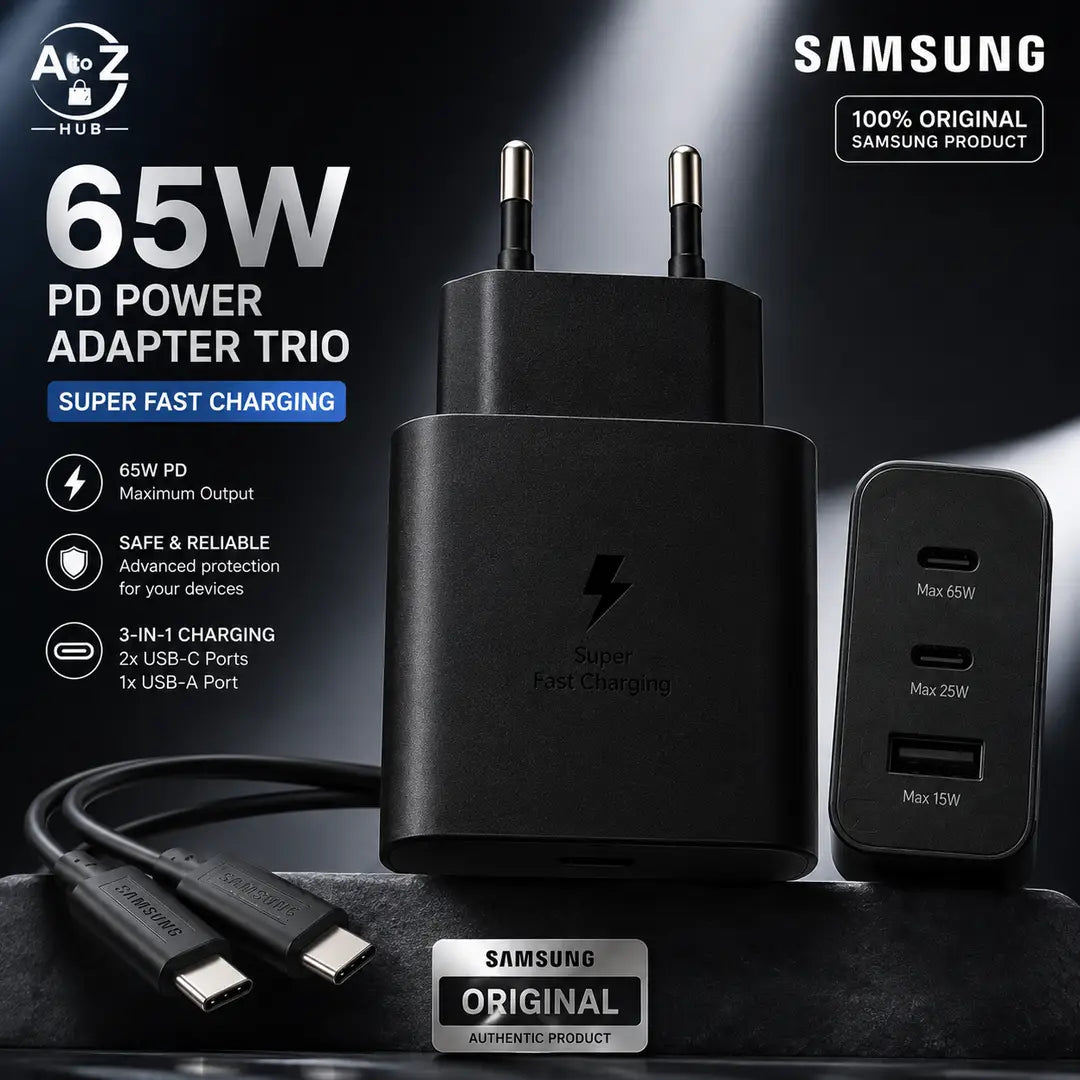 Samsung Original 65W PD Power Adapter Trio - 3-in-1 Fast Charging Adapter with 2 USB-C & 1 USB-A Port
