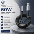 INIU Original 60W USB-A to USB-C Fast Charging Cable - 2 Meter Premium Nylon Braided Cable