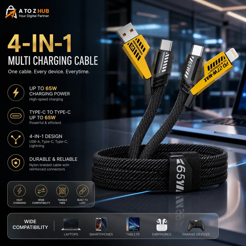 4 In 1 65W Fast Charging Data Cable Multi Charging Cable USB A To Type C Type C To Type C Type C To Lightning USB A To Lightning PD Cable For Android Samsung Xiaomi iPhone (Pouch Pack)