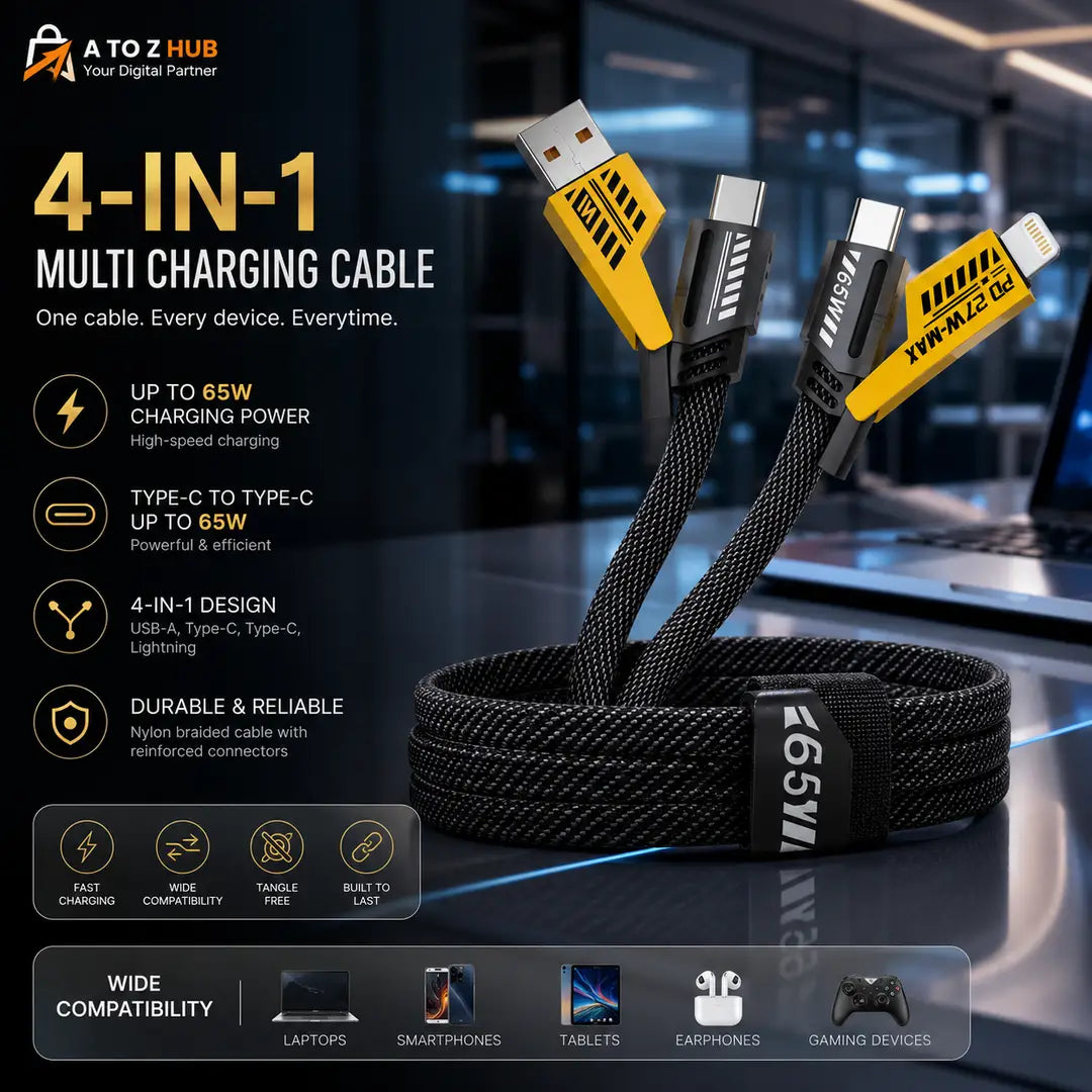 4 In 1 65W Fast Charging Data Cable Multi Charging Cable USB A To Type C Type C To Type C Type C To Lightning USB A To Lightning PD Cable For Android Samsung Xiaomi iPhone (Pouch Pack)
