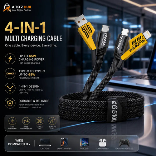 4 In 1 65W Fast Charging Data Cable Multi Charging Cable USB A To Type C Type C To Type C Type C To Lightning USB A To Lightning PD Cable For Android Samsung Xiaomi iPhone (Pouch Pack)
