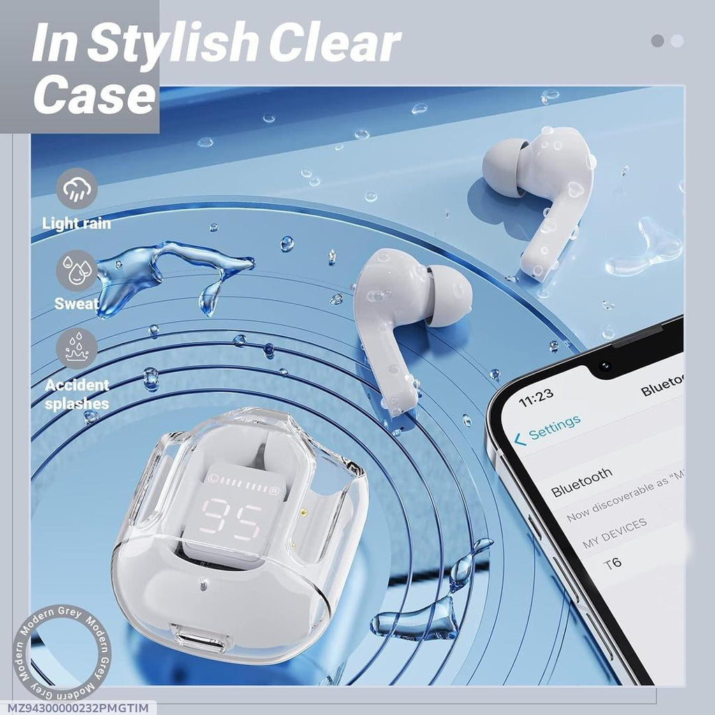 Stylish Bluetooth Earbuds with Clear Case & Water Resistant