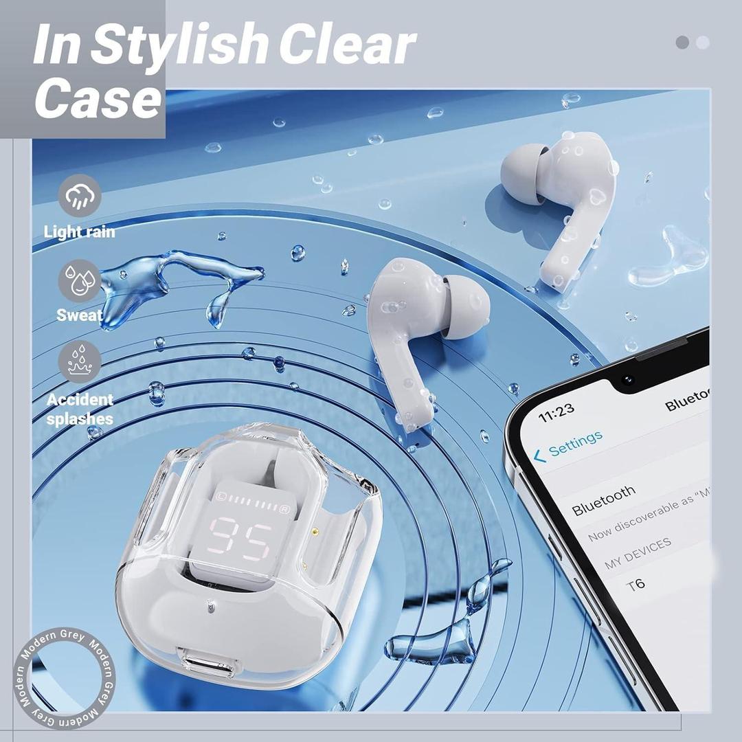 Stylish Bluetooth Earbuds with Clear Case & Water Resistant