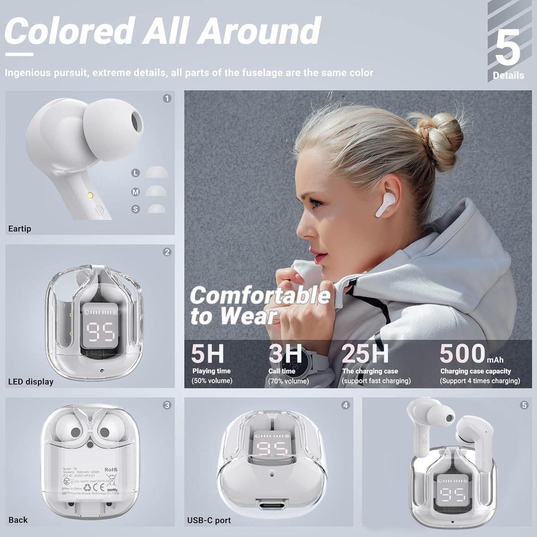 Stylish Bluetooth Earbuds with Clear Case & Water Resistant