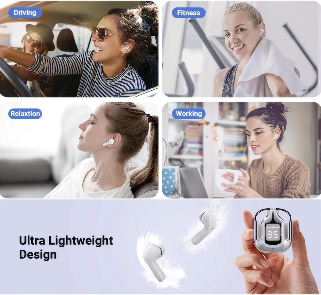 Stylish Bluetooth Earbuds with Clear Case & Water Resistant